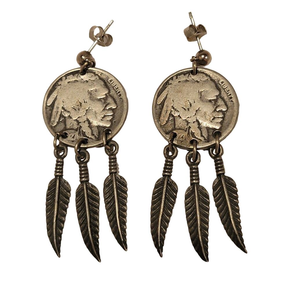 Vintage Indian Head Post Earrings 3 Feathers